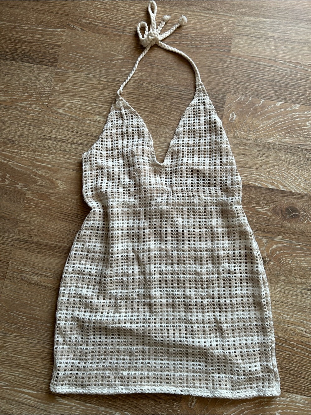 Neutral Crochet Halter Mini Dress
